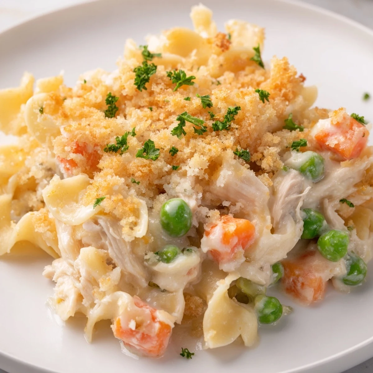 Golden-brown crumble topping on a bubbling Chicken Noodle Casserole with tender chicken and vegetables.