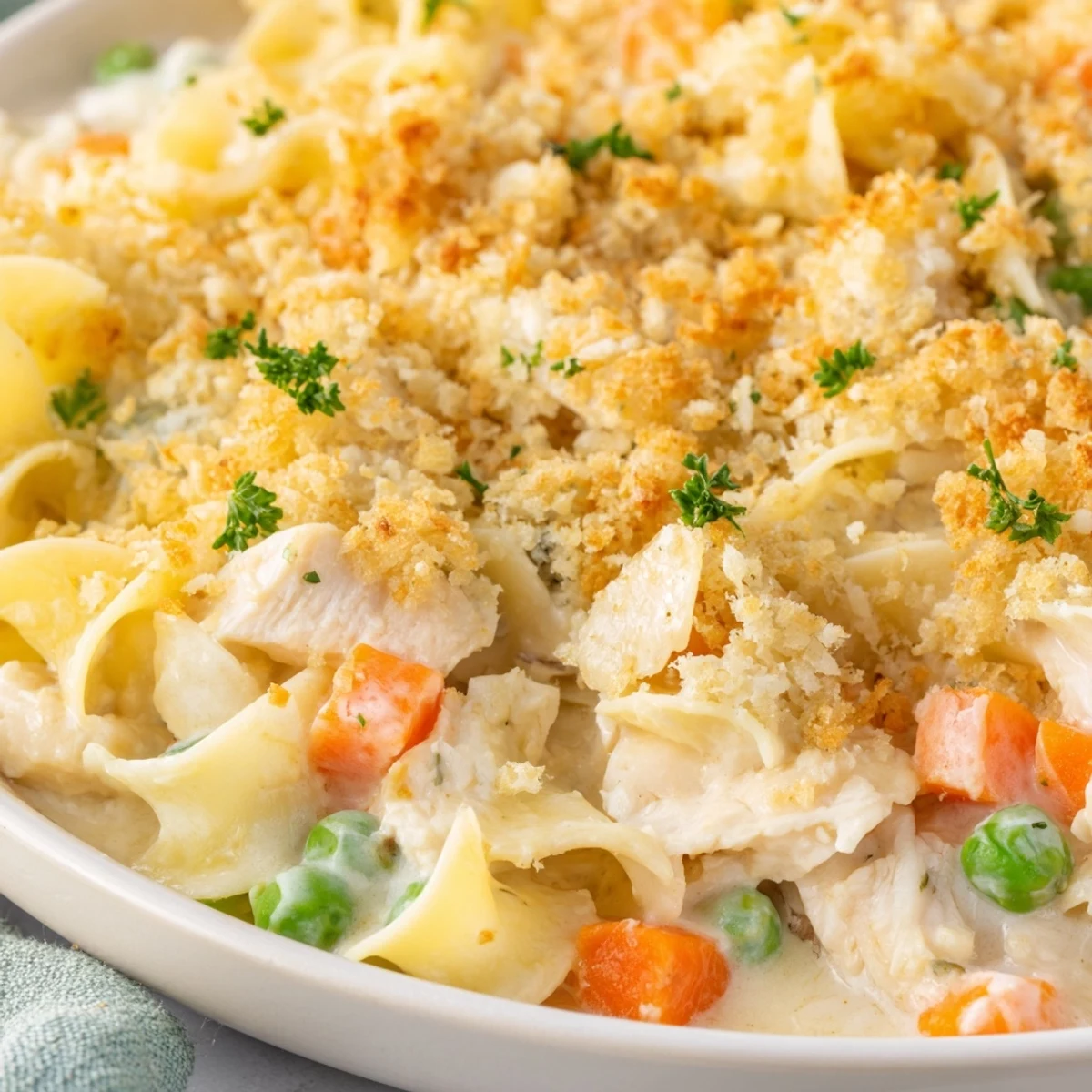 Steam rises from creamy Chicken Noodle Casserole with egg noodles, carrots, peas, and cheddar cheese.