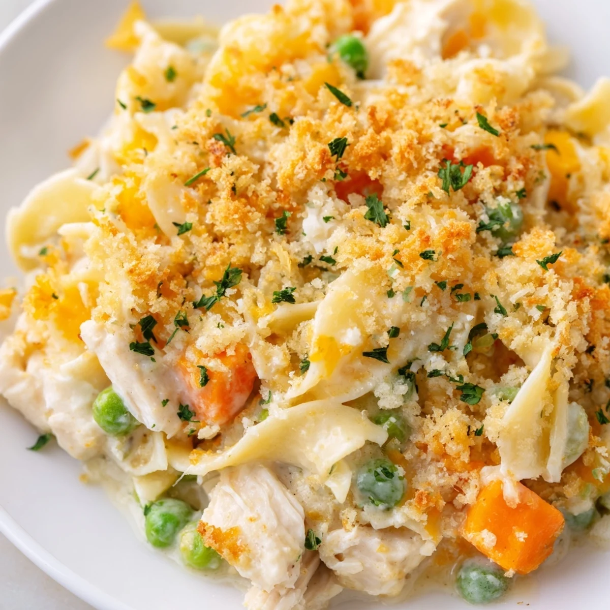 A spoon serves up a hearty portion of Chicken Noodle Casserole with a buttery panko crumble.