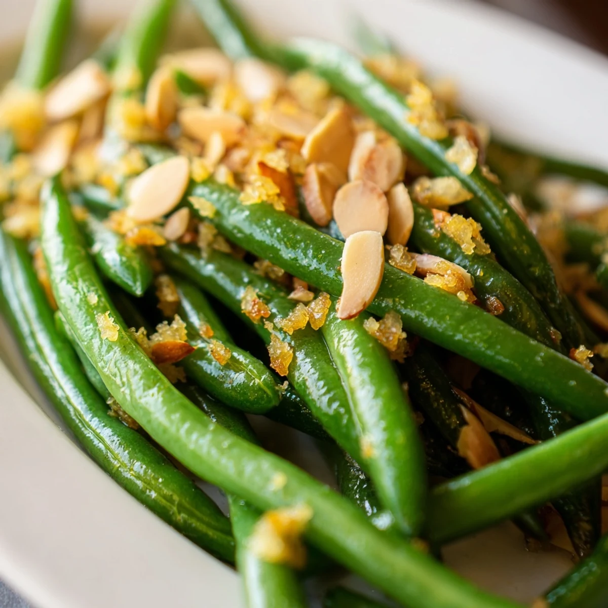 Crisp-tender green beans sautéed with fragrant garlic, bright lemon, and crunchy toasted almonds in olive oil.  