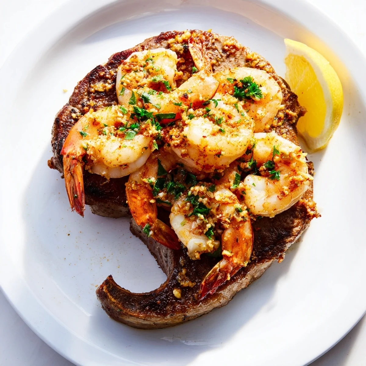 Sizzling surf and turf steak and shrimp dinner features juicy ribeye and tender shrimp in a savory garlic butter sauce, perfect for date night.