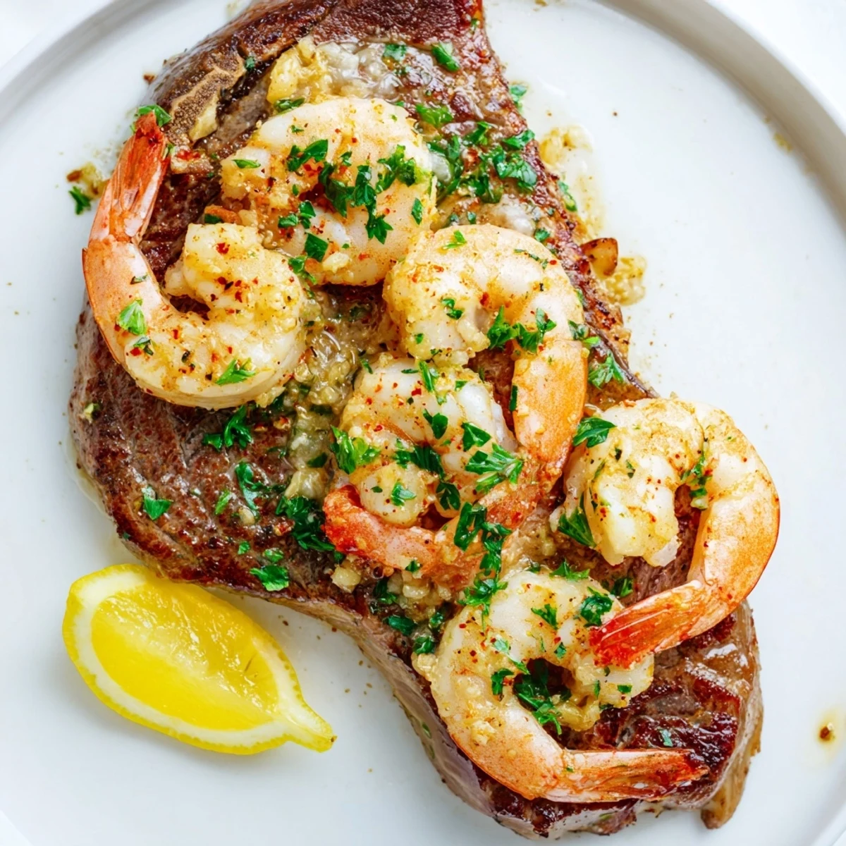 Golden-brown seared filet mignon steak topped with plump garlic butter shrimp, garnished with fresh parsley and lemon wedges on a rustic plate.