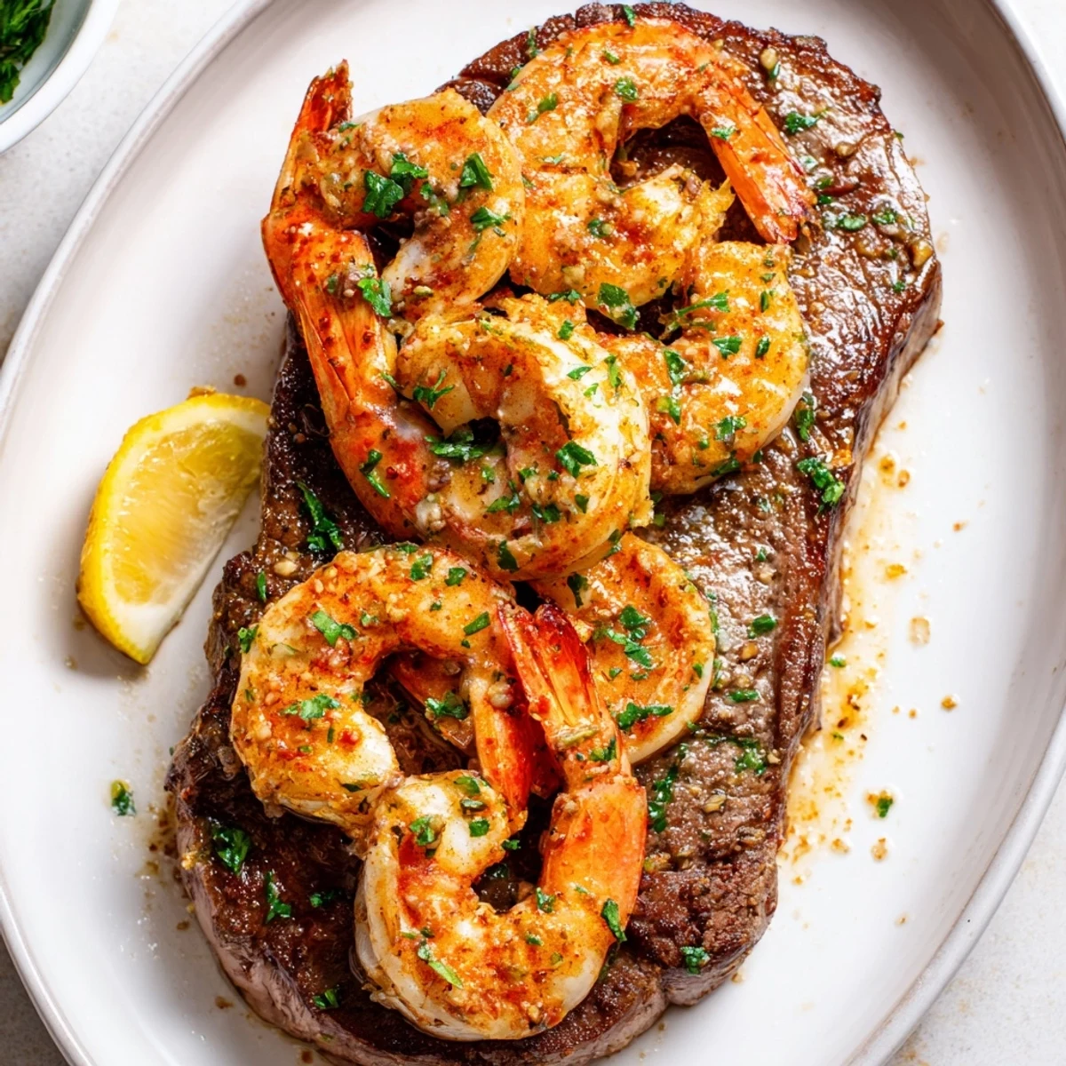 Close-up of medium-rare steak and succulent shrimp smothered in herb-infused butter, served with roasted vegetables for an indulgent homemade surf and turf meal.