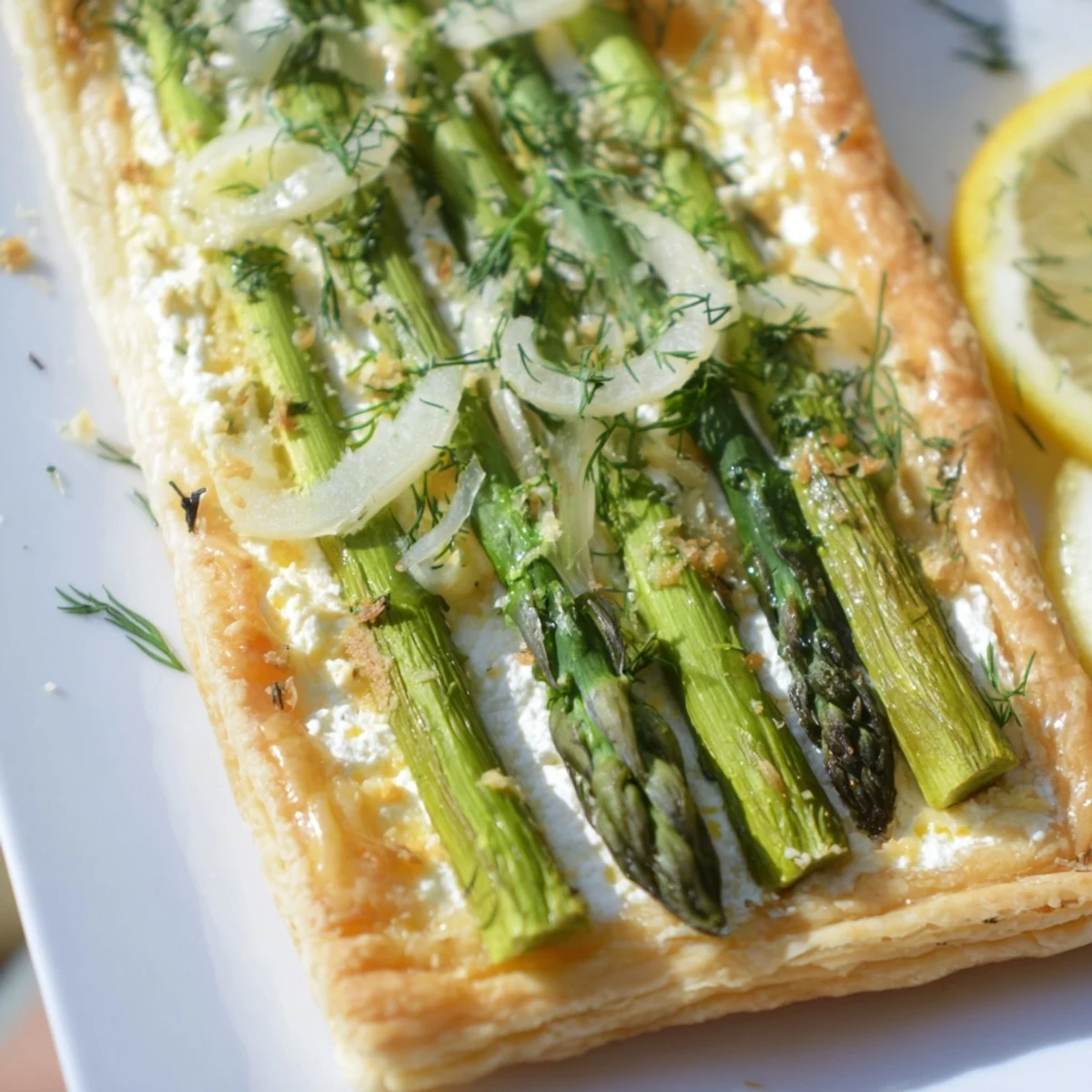 Spring appetizer featuring a crisp Green Asparagus Tart on a wooden board, garnished with lemon wedges and fresh dill.