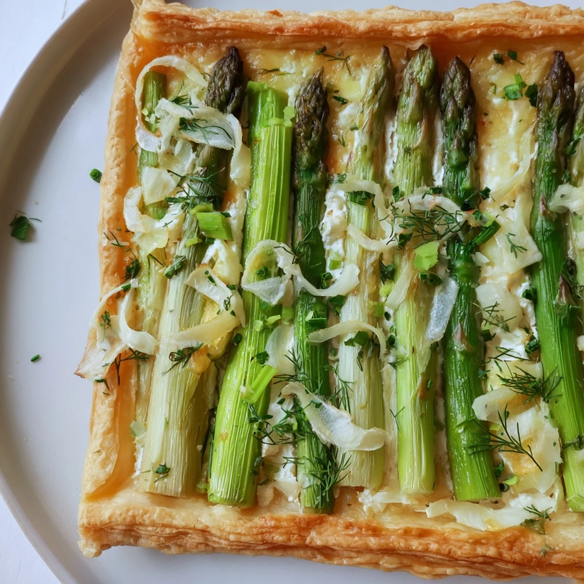 Freshly baked Green Asparagus Tart with flaky crust, vibrant green veggies, and a sprinkle of herbs, served warm.  