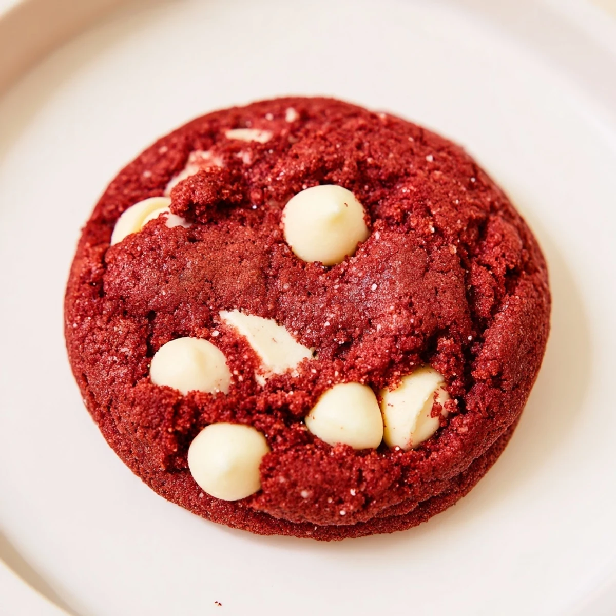 A close-up of freshly baked Red Velvet Cookies with White Chocolate Chips on a wire rack, showcasing their soft texture and creamy white chips.  