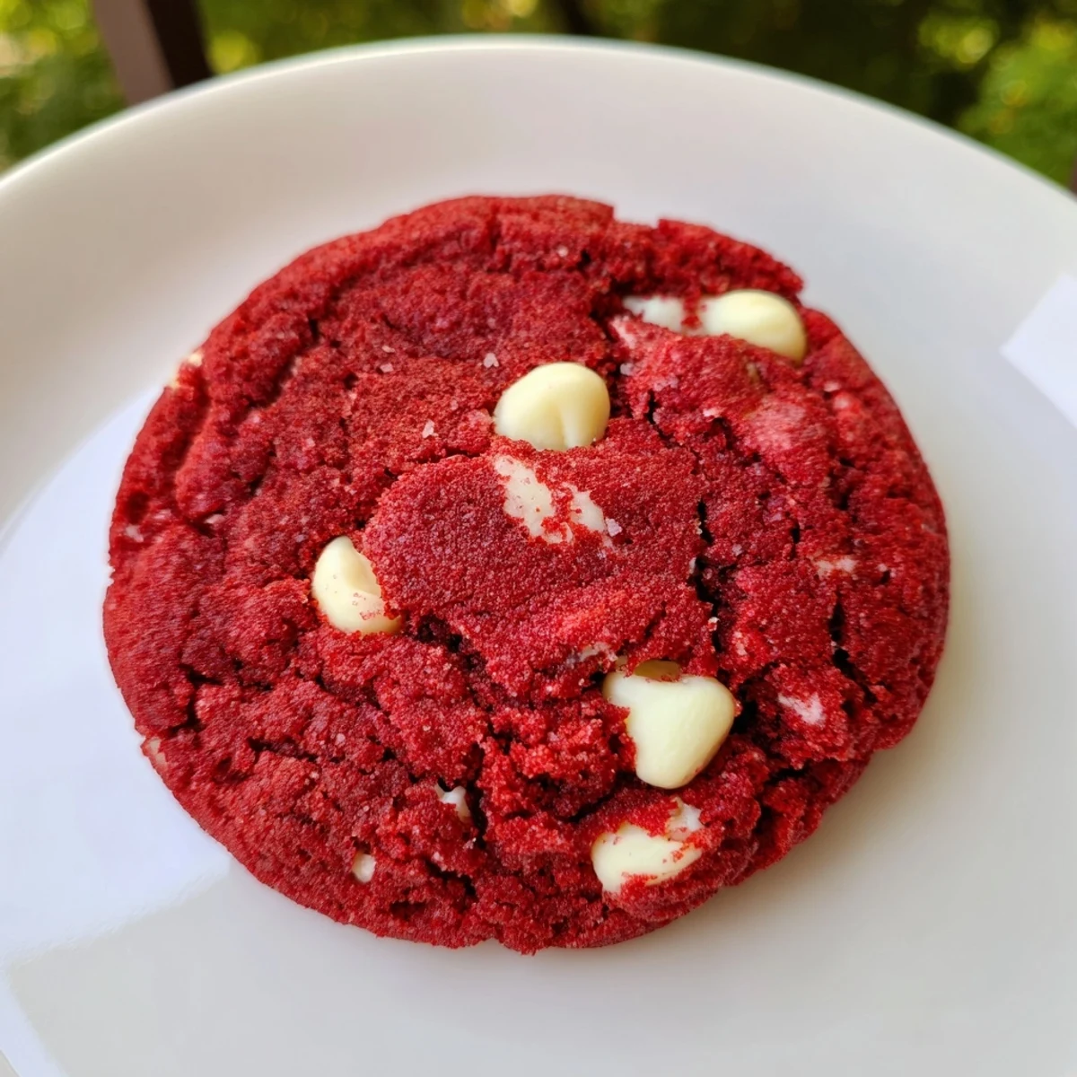 Golden edges of moist Red Velvet Cookies with White Chocolate Chips are visible, with a light cocoa aroma suggested by the image.  