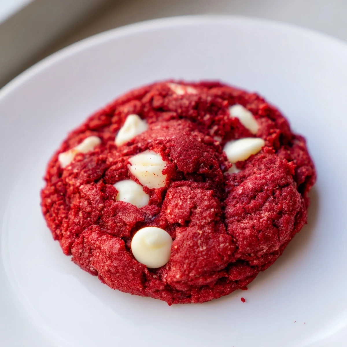 Warm Red Velvet Cookies with White Chocolate Chips are arranged on a cooling rack, next to a glass of milk and fresh berries.