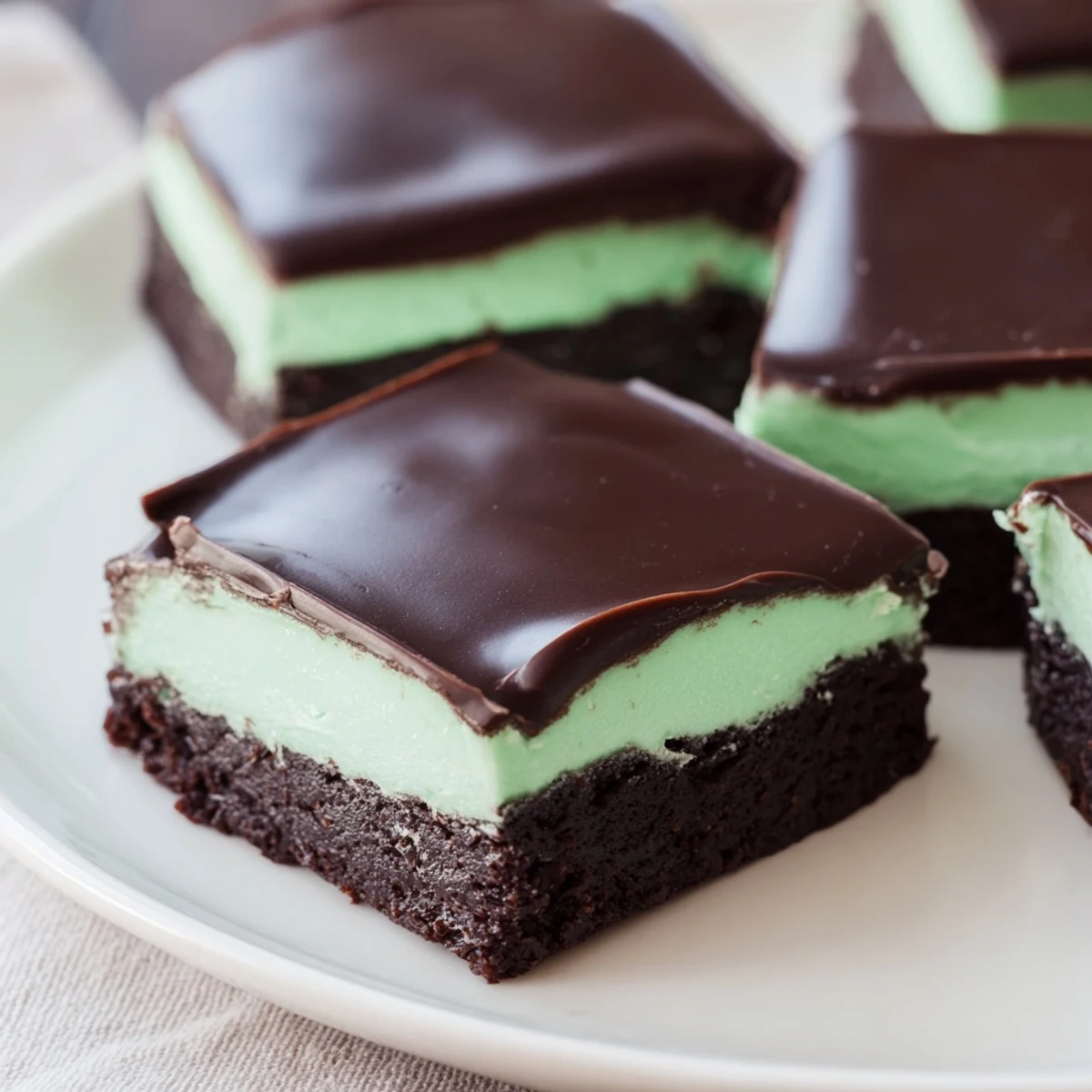 Decadent chocolate Shamrock Mint Brownies topped with glossy ganache, ready to serve for St. Patrick's Day.  