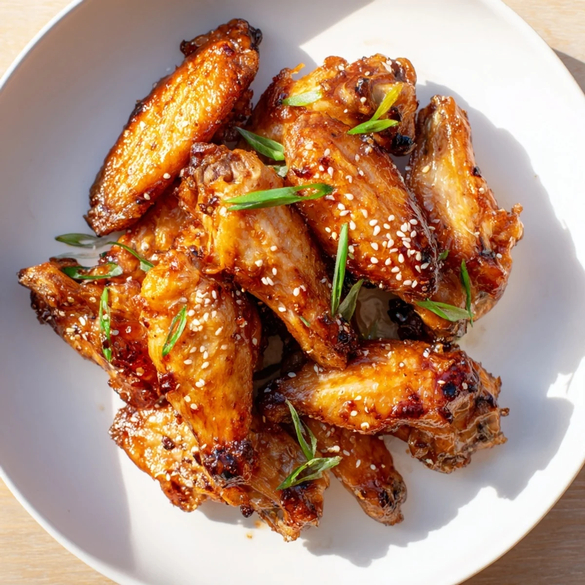 Golden, sticky chicken wings coated in honey garlic sauce, perfect for a game day appetizer spread.