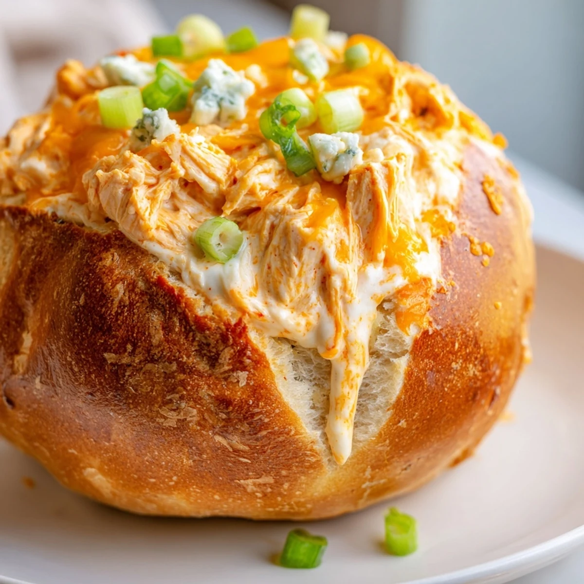 Golden-brown Tailgate Buffalo Chicken Dip bubbles inside a hollowed sourdough bread bowl, surrounded by crisp celery and carrot sticks.