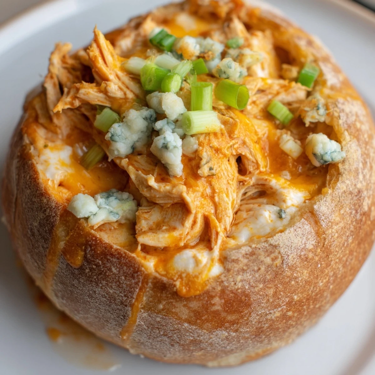 Spicy Tailgate Buffalo Chicken Dip in a rustic bread bowl is ready for game day, served with tortilla chips and celery.