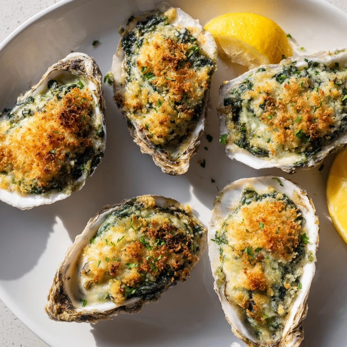 Freshly shucked Romantic Oysters Rockefeller topped with creamy spinach and crunchy breadcrumbs.