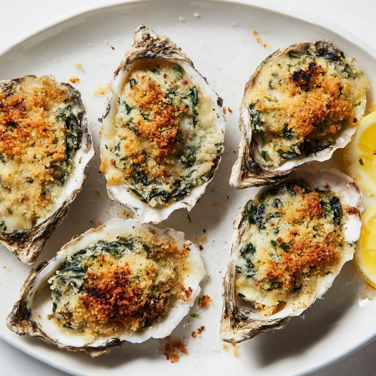 Lemon-wedged Romantic Oysters Rockefeller served on a tray for a romantic dinner.