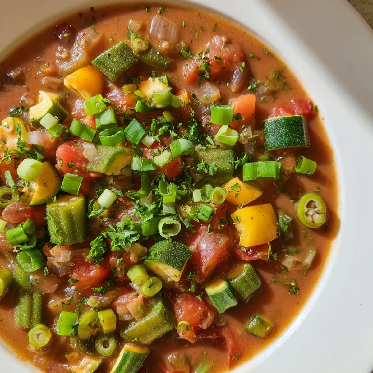 A hearty Creole Vegetable Gumbo, rich with colorful vegetables and smoky spices, in a dark pot.