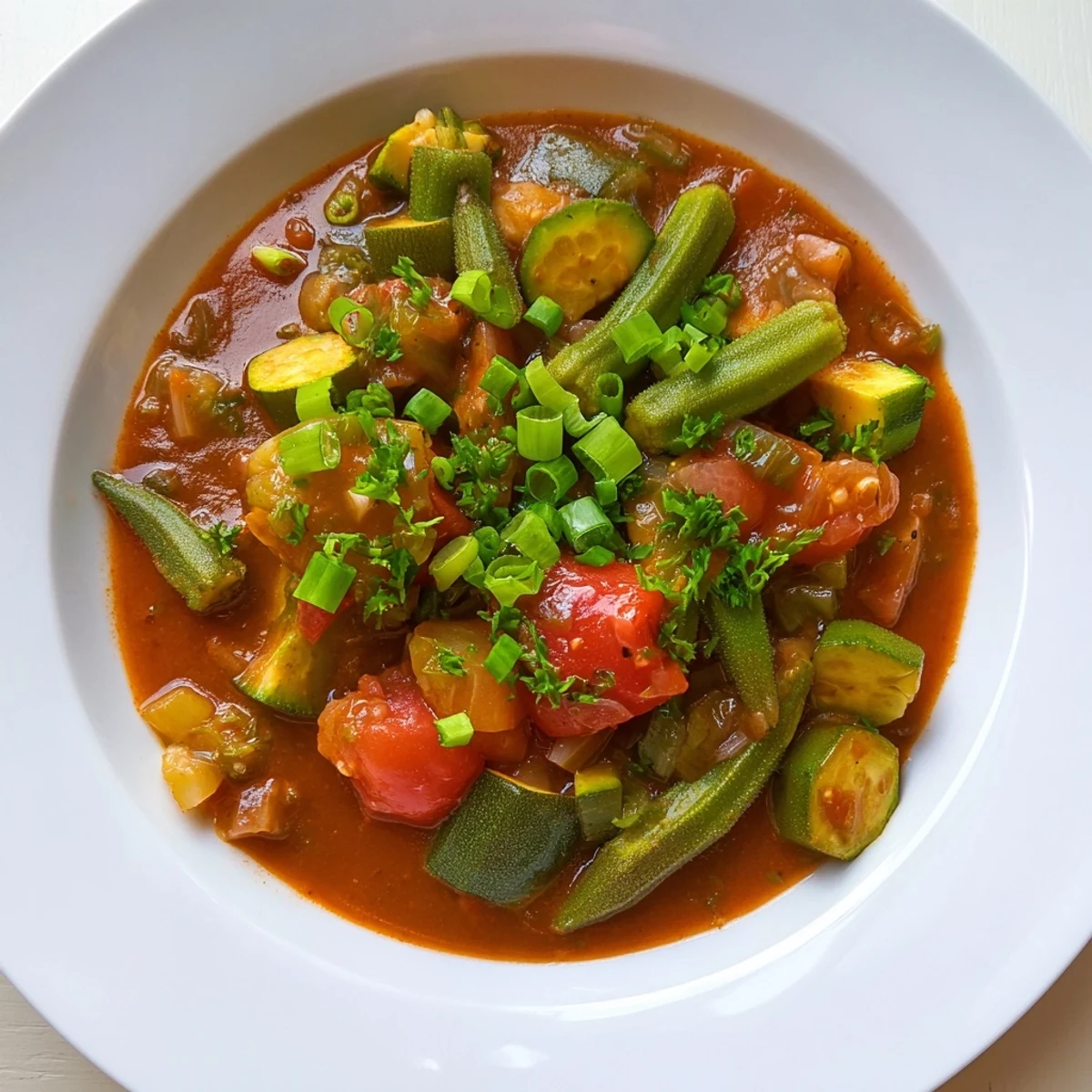 Steaming Creole Vegetable Gumbo with okra, served over fluffy white rice in a rustic bowl.