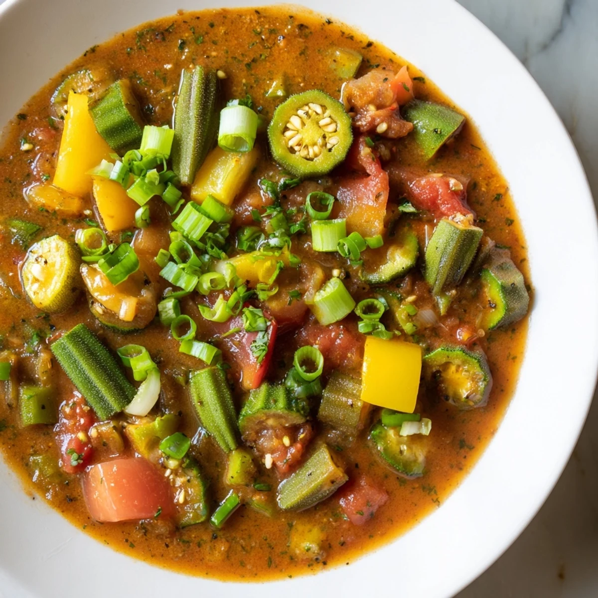 Vibrant Creole Vegetable Gumbo featuring tender okra, ladled into a bowl with fresh parsley on top.