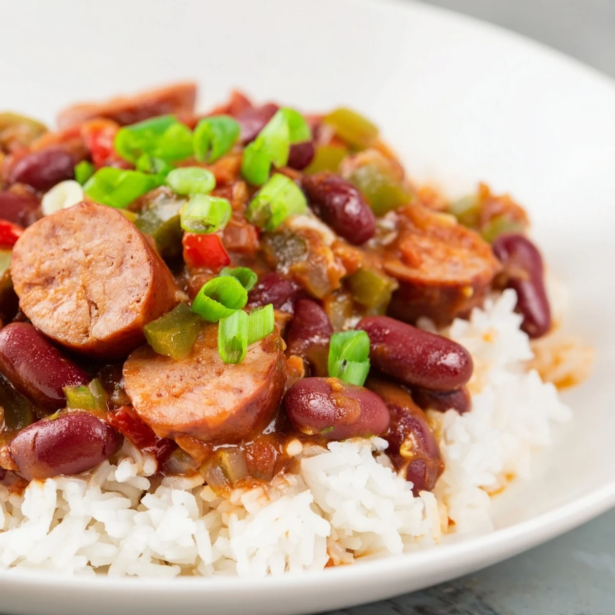 Golden halal sausage slices sizzle beside tender red beans in a Creole-spiced skillet for Mardi Gras Rice and Beans with Halal Sausage.