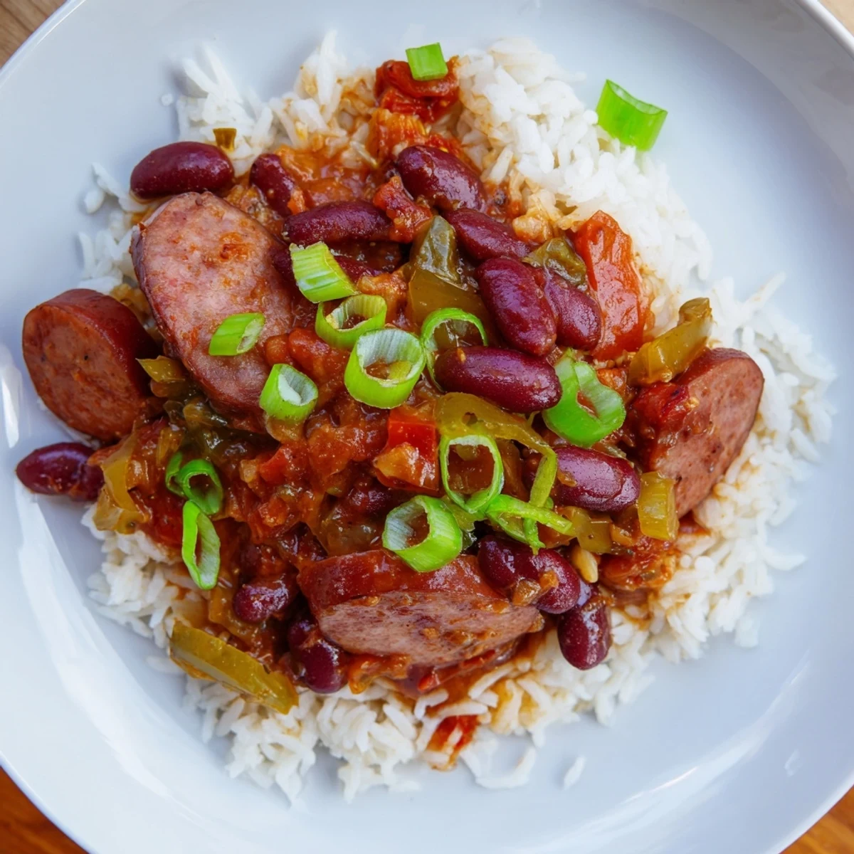Close-up of Mardi Gras Rice and Beans with Halal Sausage showing fluffy rice, hearty beans, and vibrant bell peppers on a rustic table.