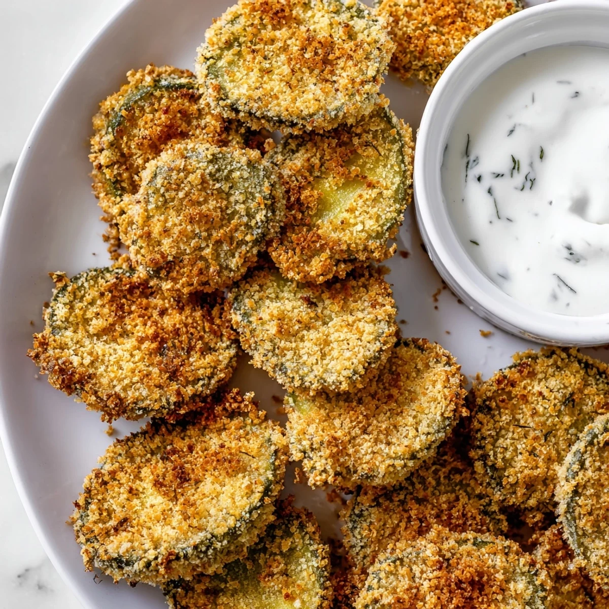 Golden-brown, crispy Super Bowl Fried Pickles stacked high, served with a cool, creamy ranch dip for a classic game-day appetizer.
