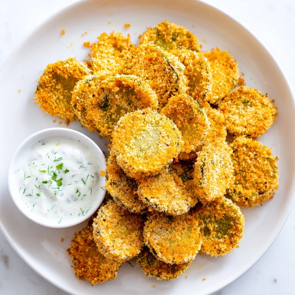Fresh Super Bowl Fried Pickles coated in seasoned panko, ready to be dipped into homemade ranch at a festive party.