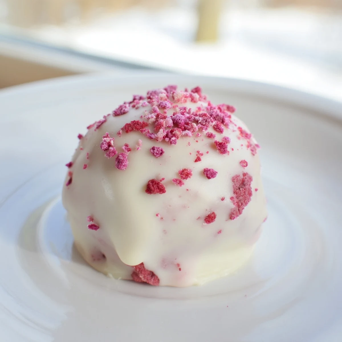Indulgent White Chocolate Raspberry Truffles arranged on a decorative platter, perfect for holiday gifting or a romantic dessert for two.