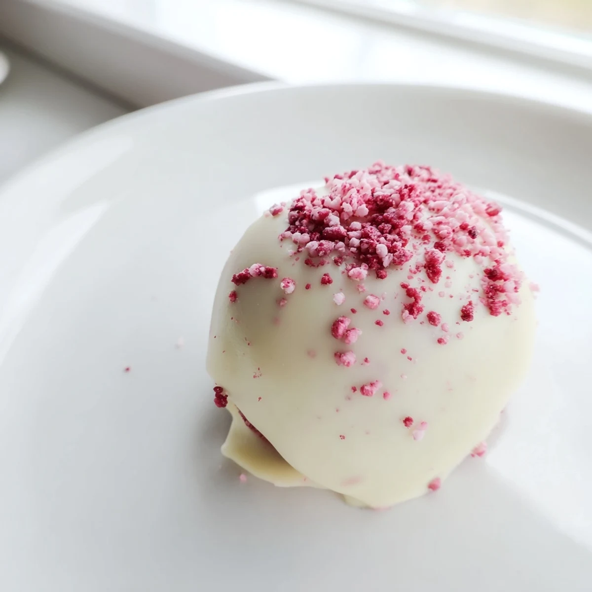 A batch of glossy White Chocolate Raspberry Truffles resting on parchment paper, showcasing their creamy ganache centers and festive red berry topping.