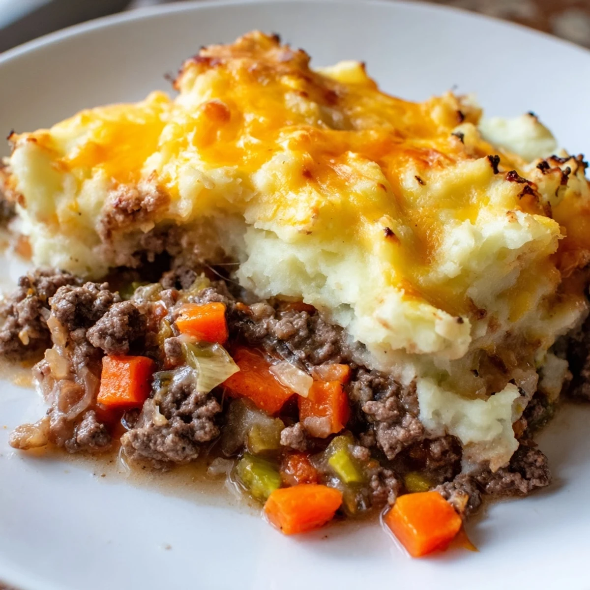 Golden-brown mashed potatoes cover a bubbling Shepherds Pie with Savory Lamb and Vegetables, served in a rustic dish with fresh thyme.