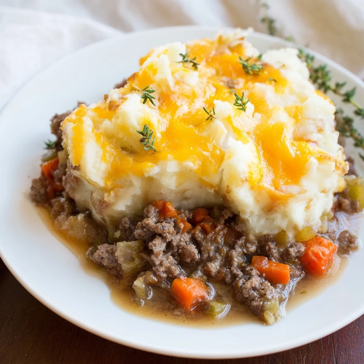 A hearty Shepherds Pie with Savory Lamb and Vegetables reveals tender ground meat, peas, and carrots under creamy, cheesy potato topping.