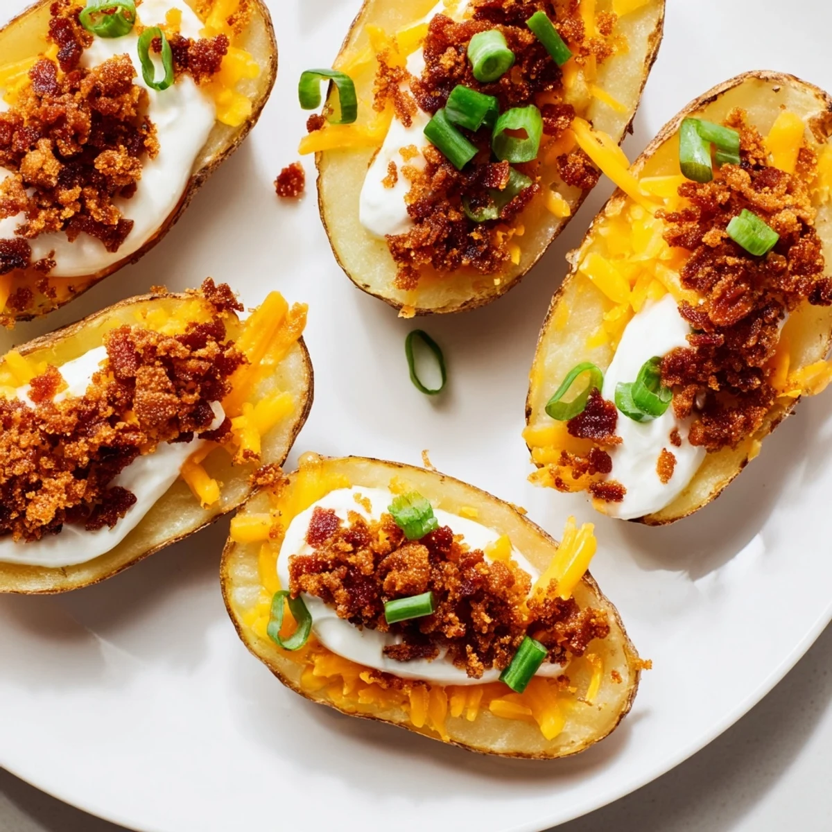 Golden brown crispy Game Day Loaded Potato Skins with beef bacon and melted cheddar cheese, topped with sour cream and fresh chives.