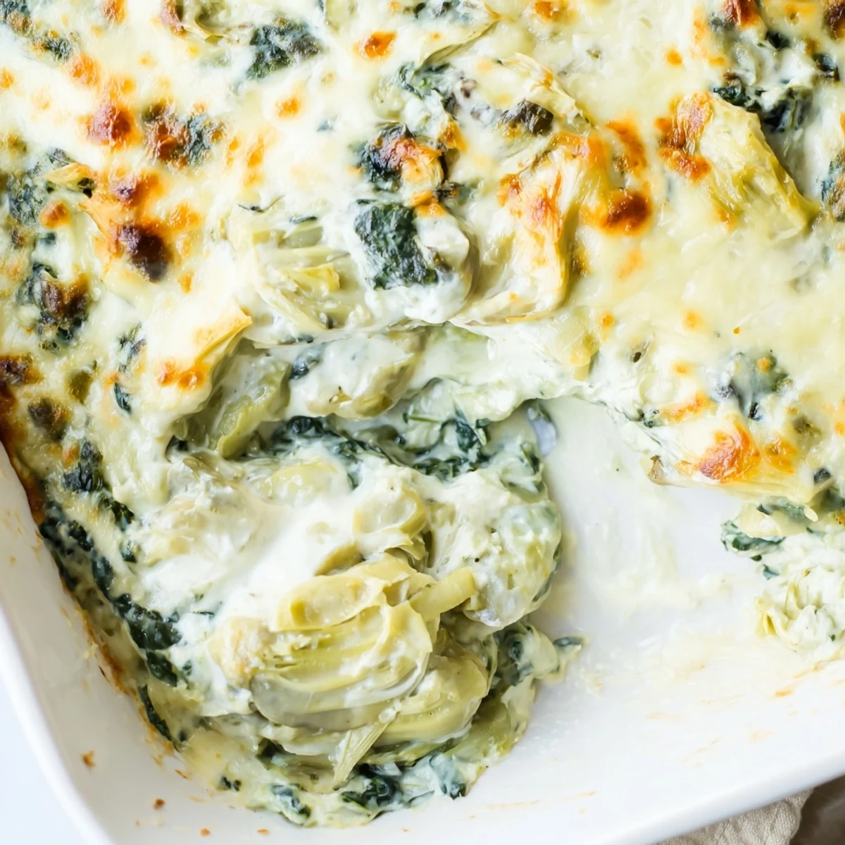 Freshly baked Creamy Spinach and Artichoke Dip with Baguette served in a ceramic dish, alongside toasted bread slices.