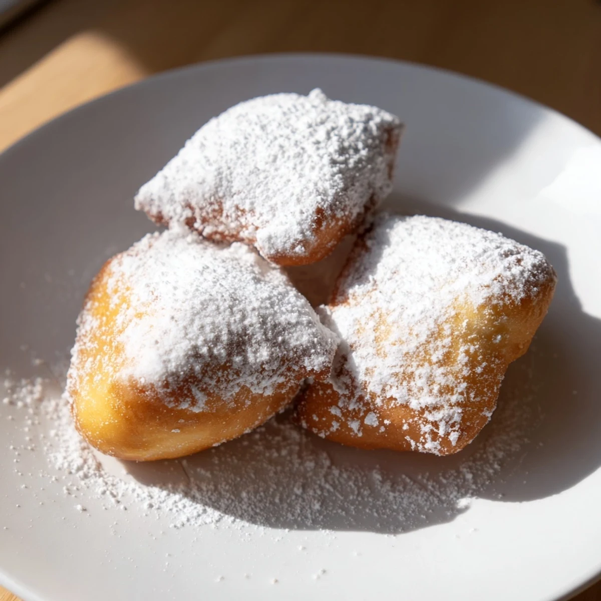 Golden-fried New Orleans beignets, light and pillowy, dusted with powdered sugar.
