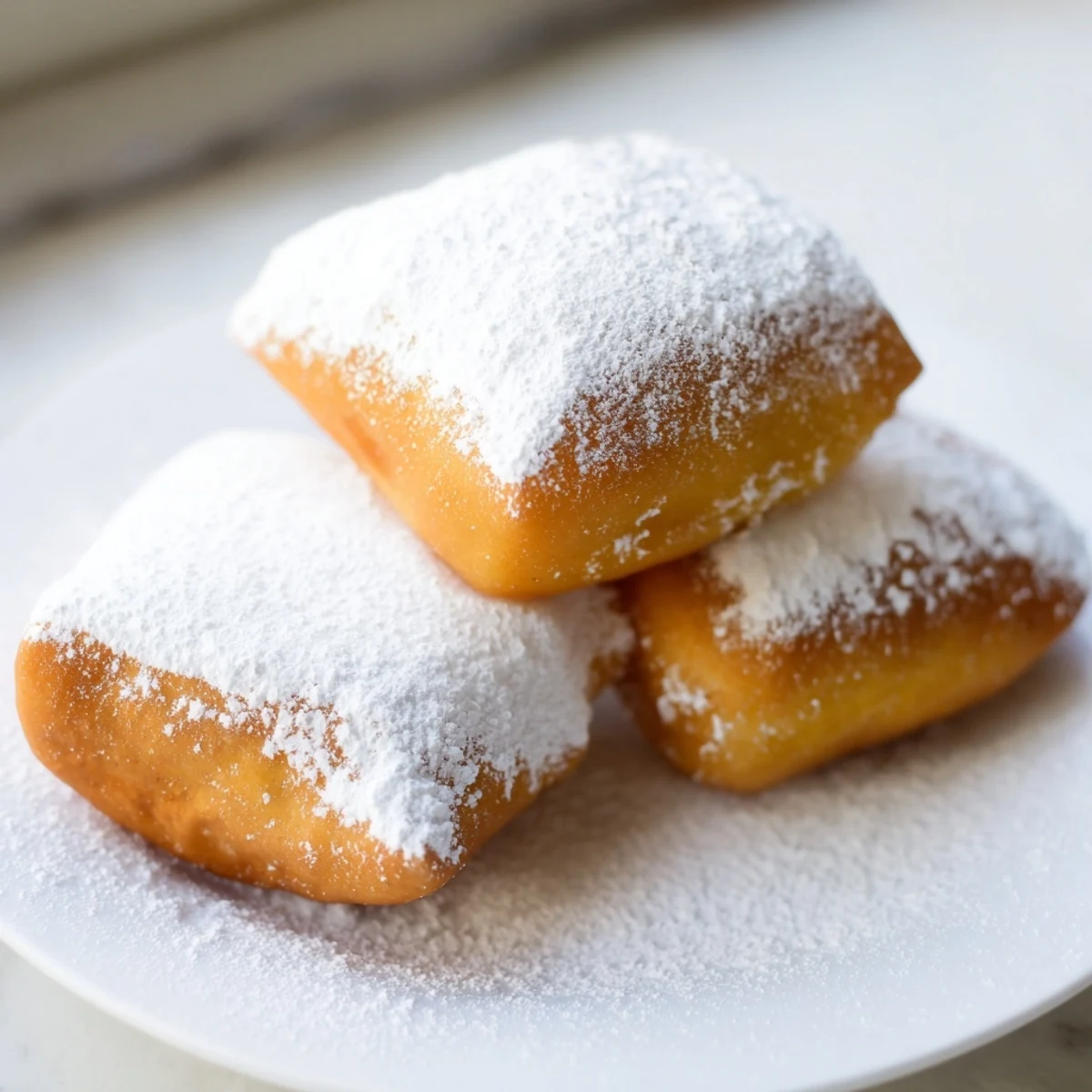 Freshly fried New Orleans beignets with powdered sugar on a napkin.