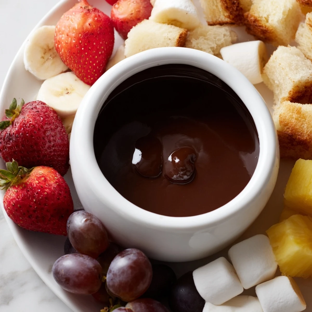 Rich chocolate fondue with marshmallows and fresh fruit on a platter for a romantic dessert.