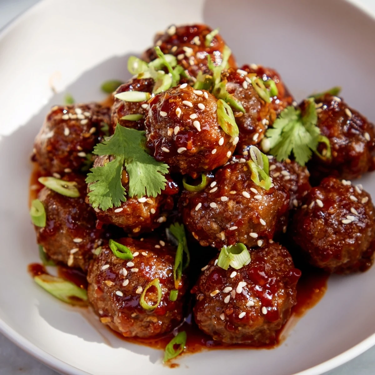 Glazed spicy Sriracha beef meatballs garnished with sesame seeds and green onions, served on a white platter for a family dinner.