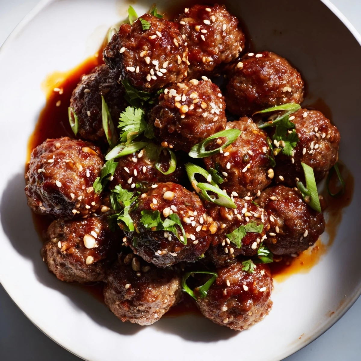 Golden-brown beef meatballs with sriracha, garlic, and ginger, topped with sesame seeds for an easy Asian fusion recipe.