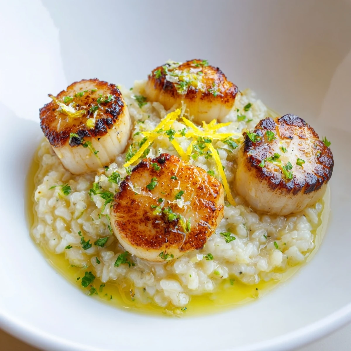 Tender, golden-brown scallops are served over a bed of creamy, lemon-infused risotto, finished with a drizzle of butter and fresh herbs.