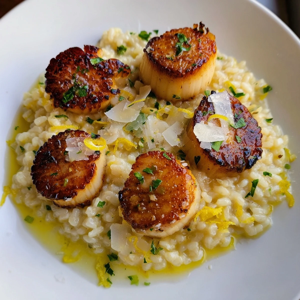 A close-up view shows juicy scallops with a caramelized edge beside a spoonful of rich, Parmesan-flecked lemon risotto on a white plate.