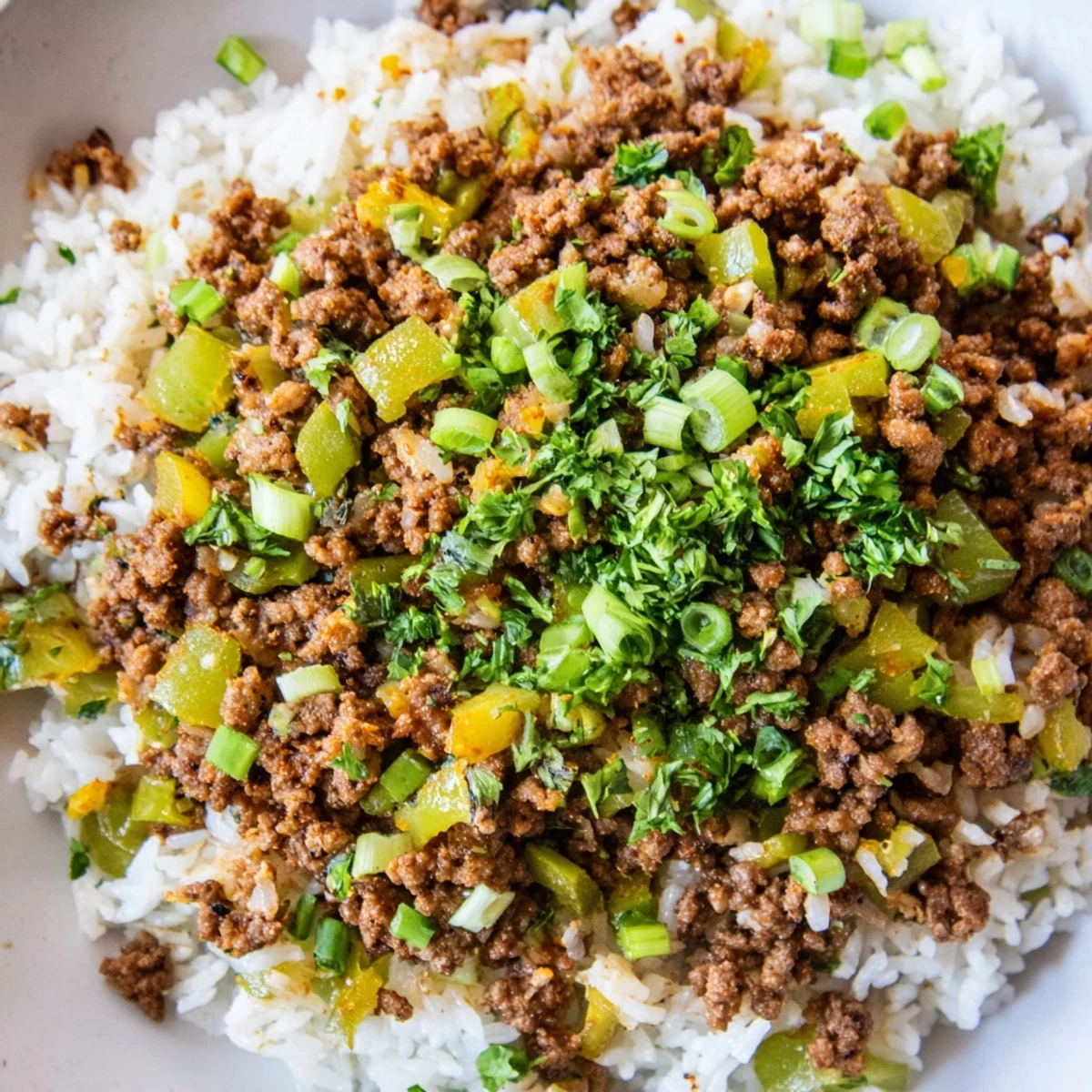 A serving bowl of Cajun Dirty Rice with Ground Beef, steaming beside a spoon and parsley garnish.