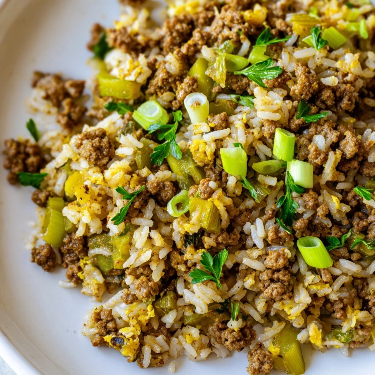 Close-up of Cajun Dirty Rice with Ground Beef highlights tender beef and specks of seasoning.