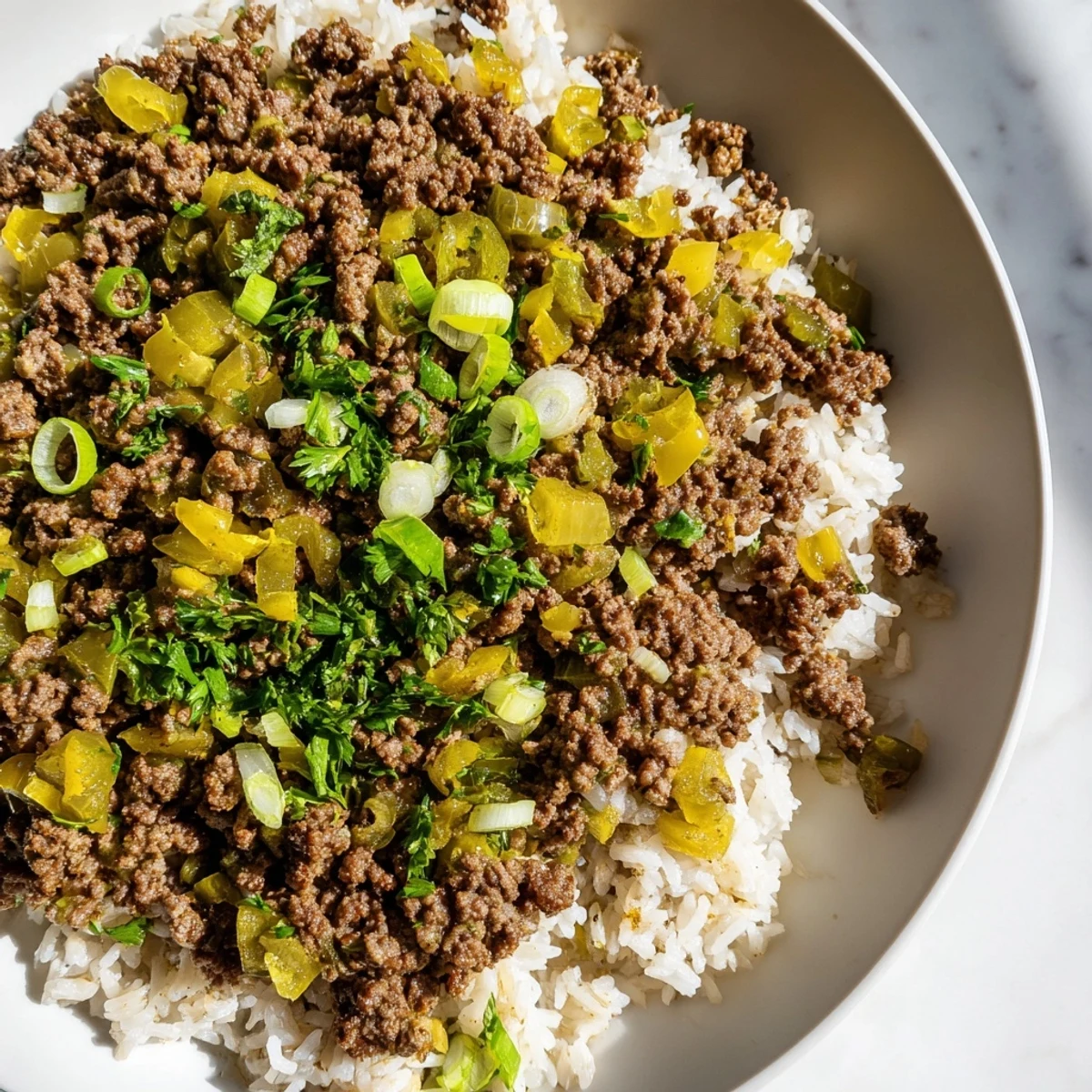 Sizzling Cajun Dirty Rice with Ground Beef is scooped from a black skillet, releasing aromatic steam.