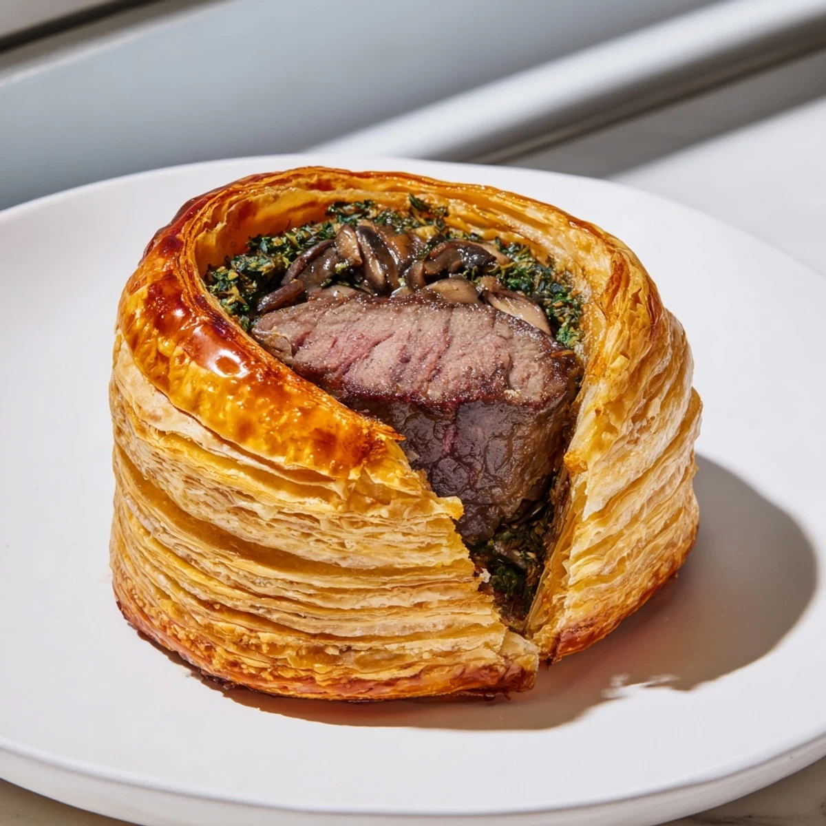 Golden Mini Beef Wellingtons sit on a white platter beside a small bowl of red wine demi-glace and sprigs of fresh thyme.