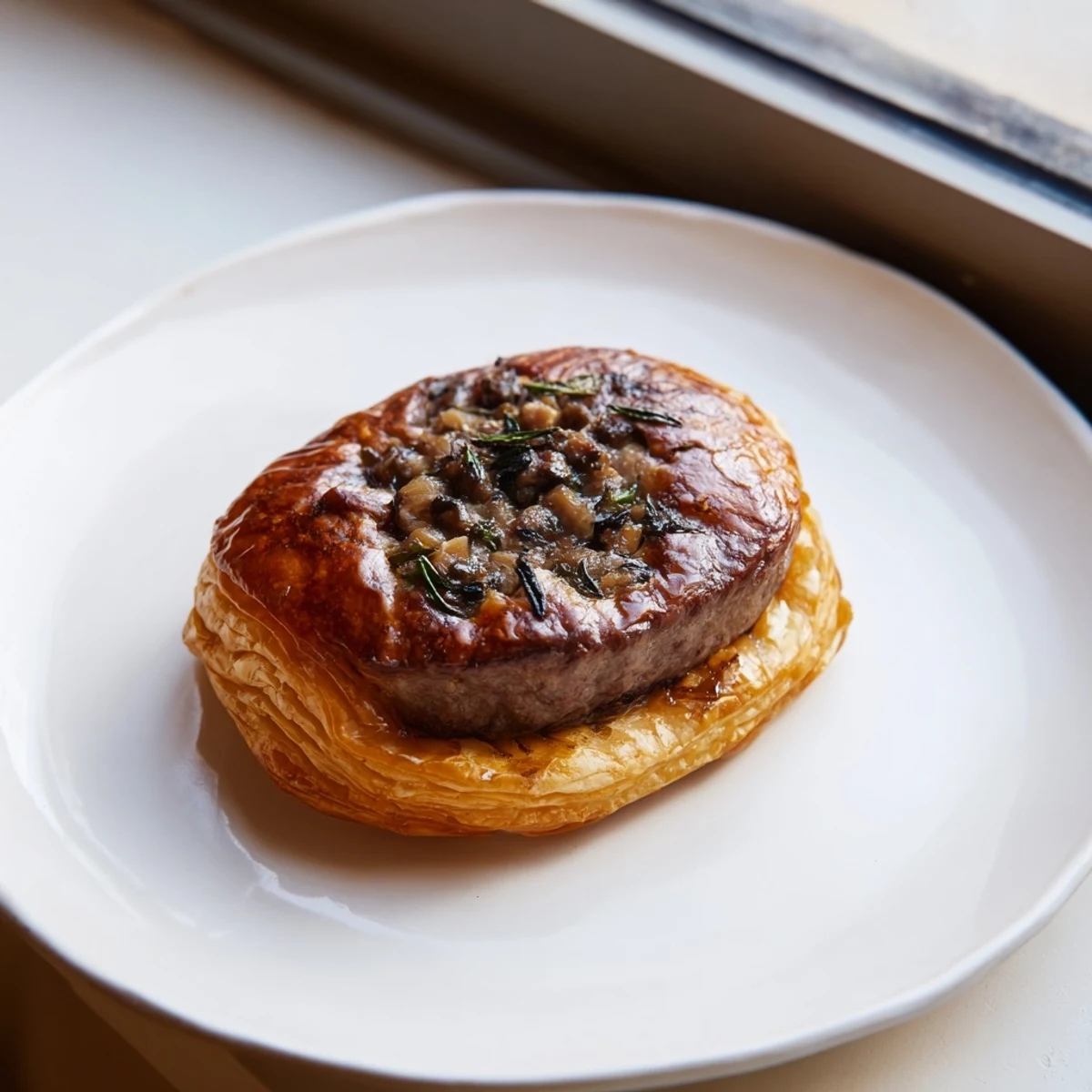 Four golden Mini Beef Wellingtons rest on a wooden board with fresh thyme, showcasing their flaky pastry crusts brushed with egg wash.