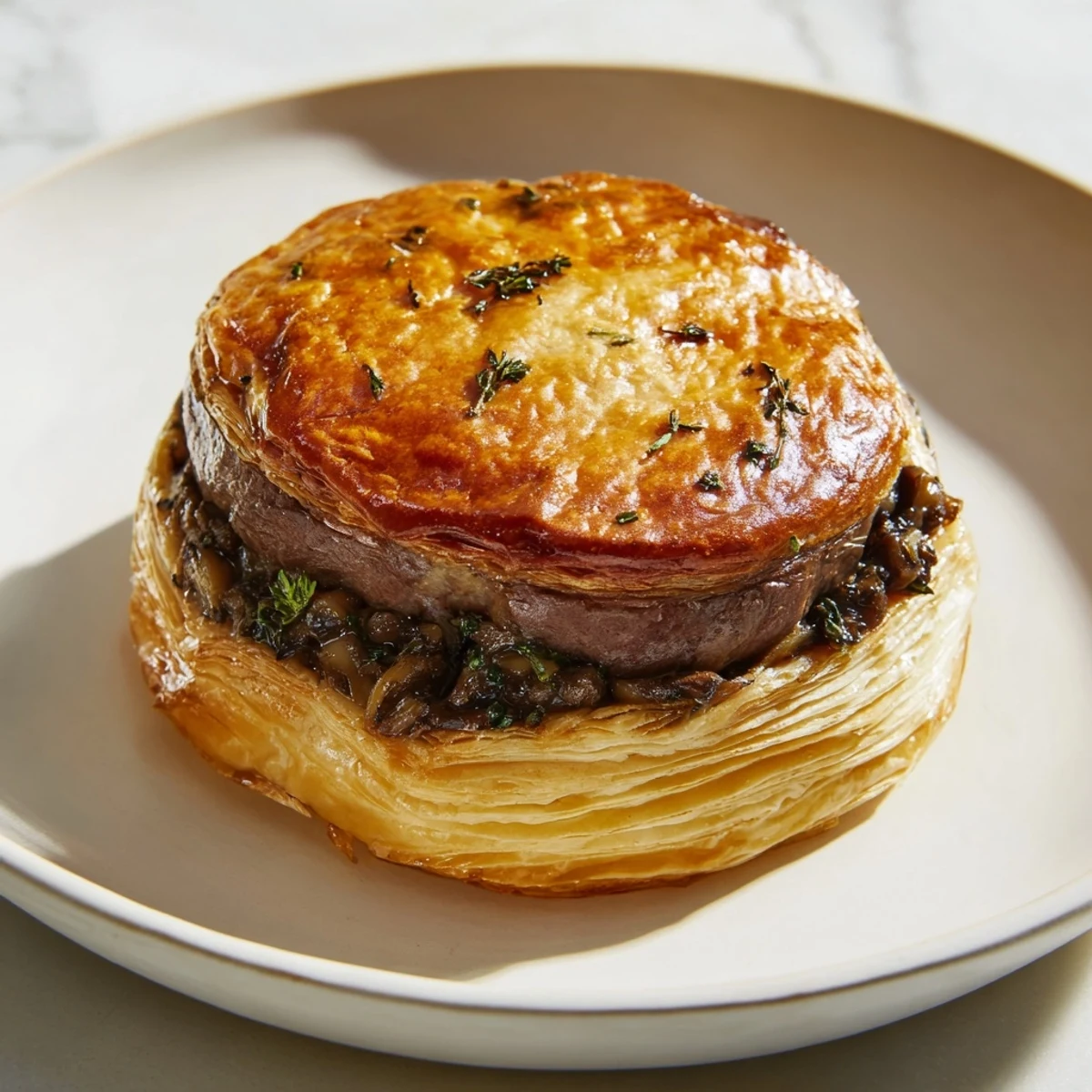 Freshly baked Mini Beef Wellingtons on a rustic plate, featuring a visible cross-section that reveals tender beef and rich mushroom duxelles.