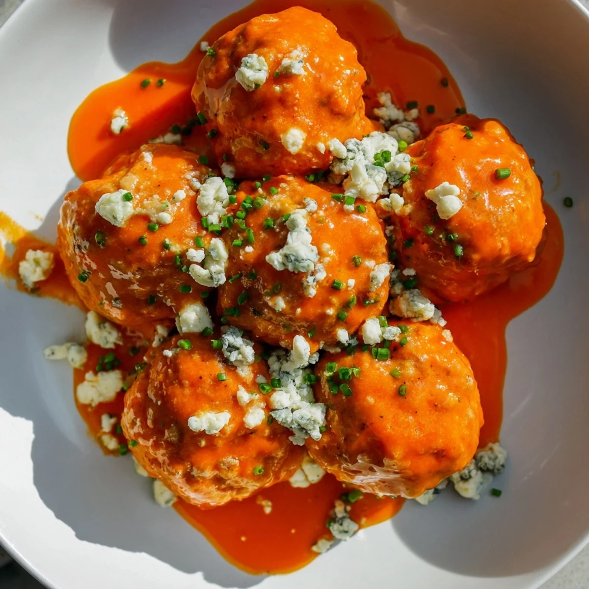 Savory chicken meatballs bake to perfection, then tossed in spicy Buffalo sauce with a drizzle of honey and creamy blue cheese crumbles for tangy flavor.  