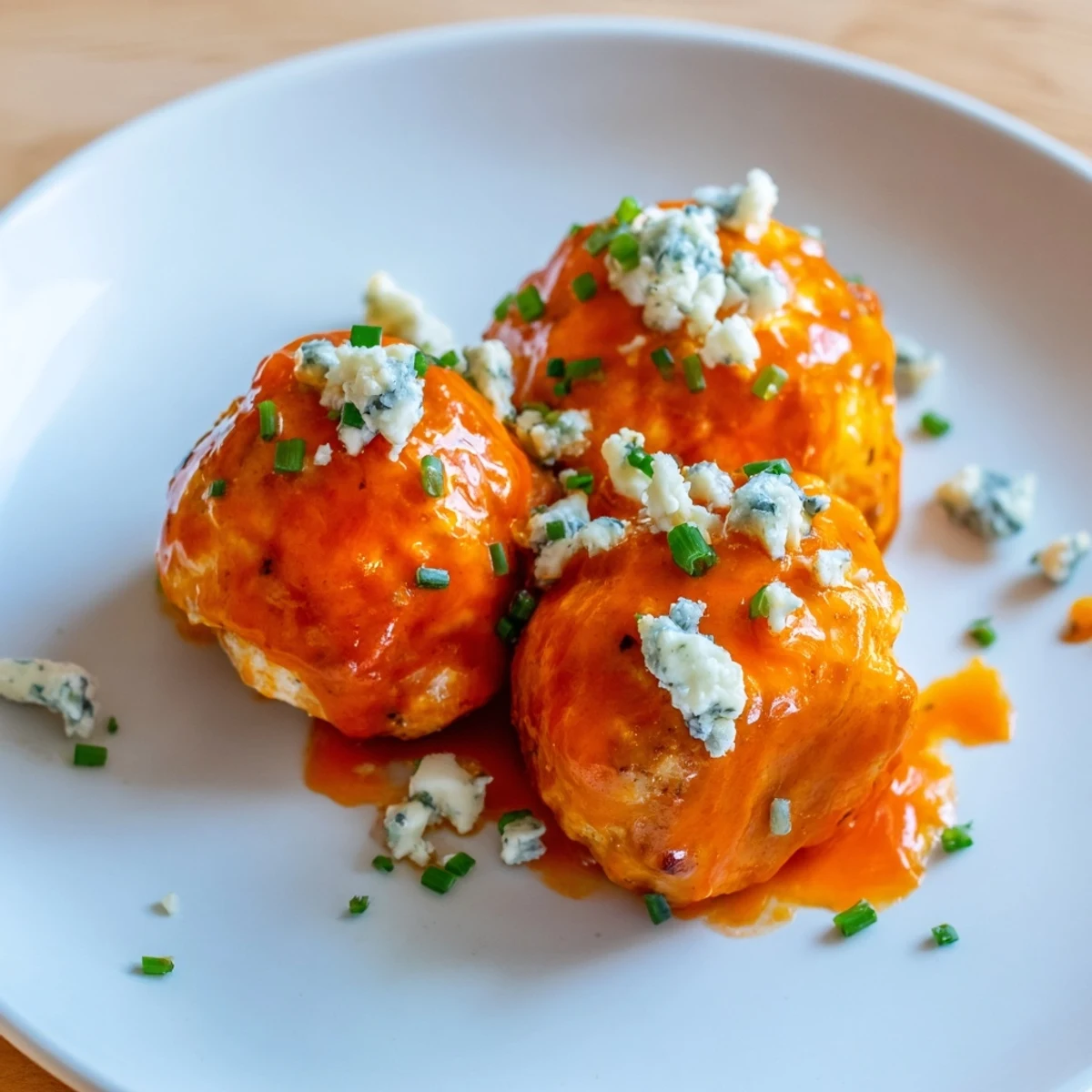 Golden-brown Buffalo Chicken Meatballs coated in glossy red sauce, topped with crumbled blue cheese and fresh chives on a platter, ready to serve as a party appetizer.  