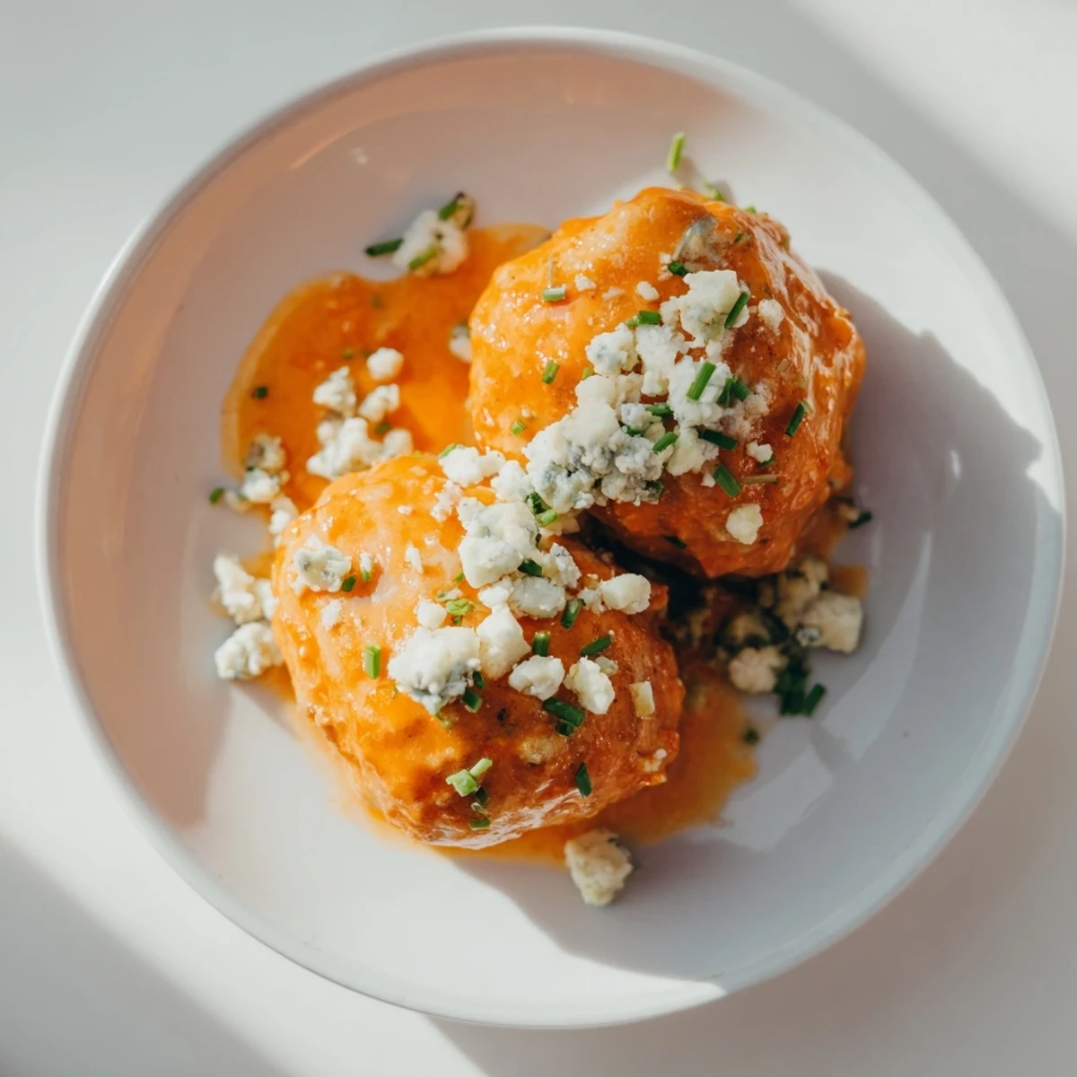 A close-up of juicy Buffalo Chicken Meatballs garnished with fresh chives and blue cheese, served alongside crisp celery and carrot sticks for dipping.