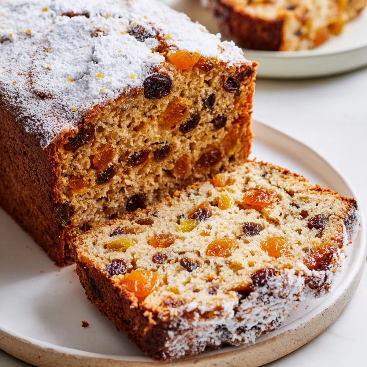 Freshly baked Irish Tea Cake with dried fruit sits on a cooling rack, dusted with powdered sugar and ready to slice.
