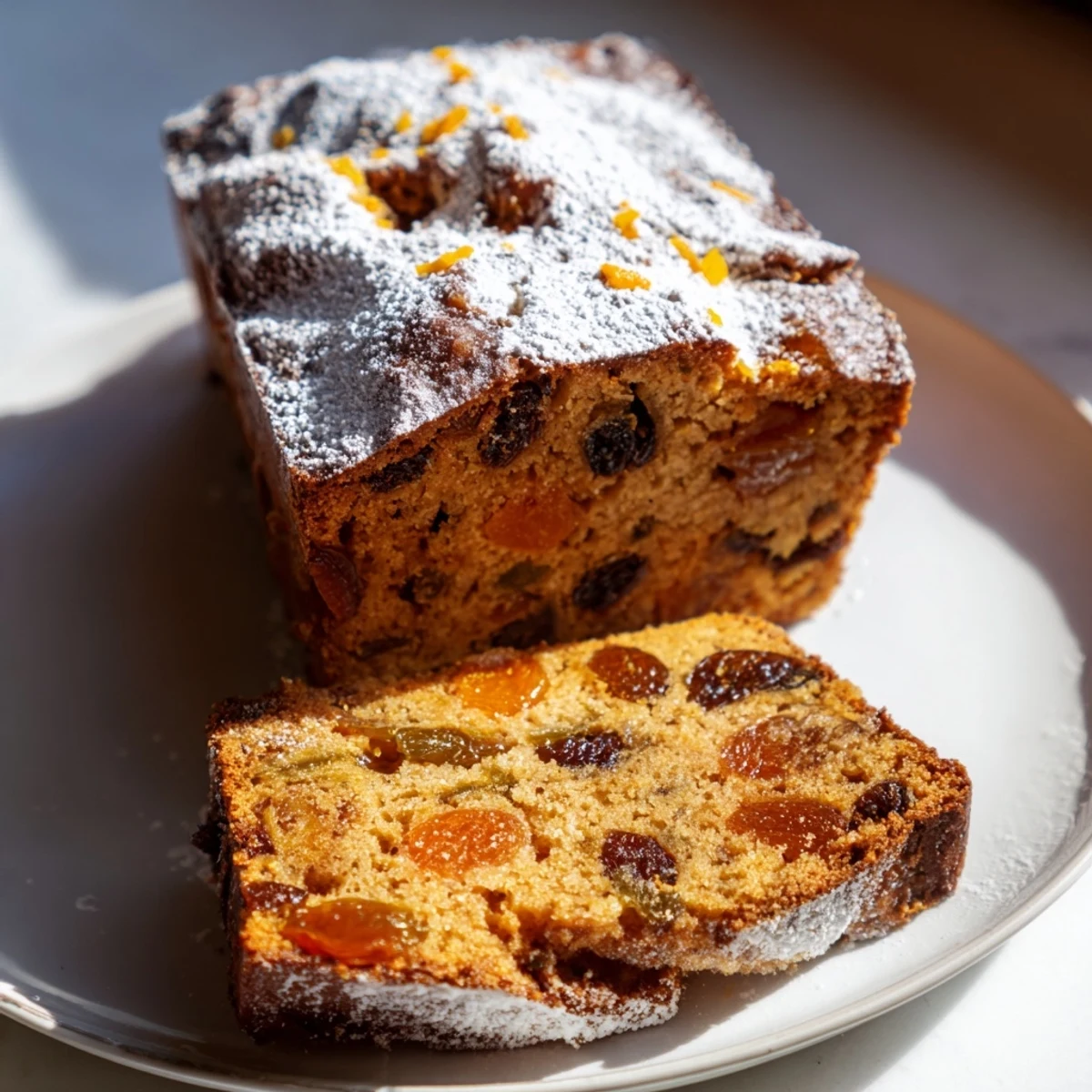 A warm Irish Tea Cake with dried fruit is sliced open on a rustic board, revealing plump fruit in a tender crumb.