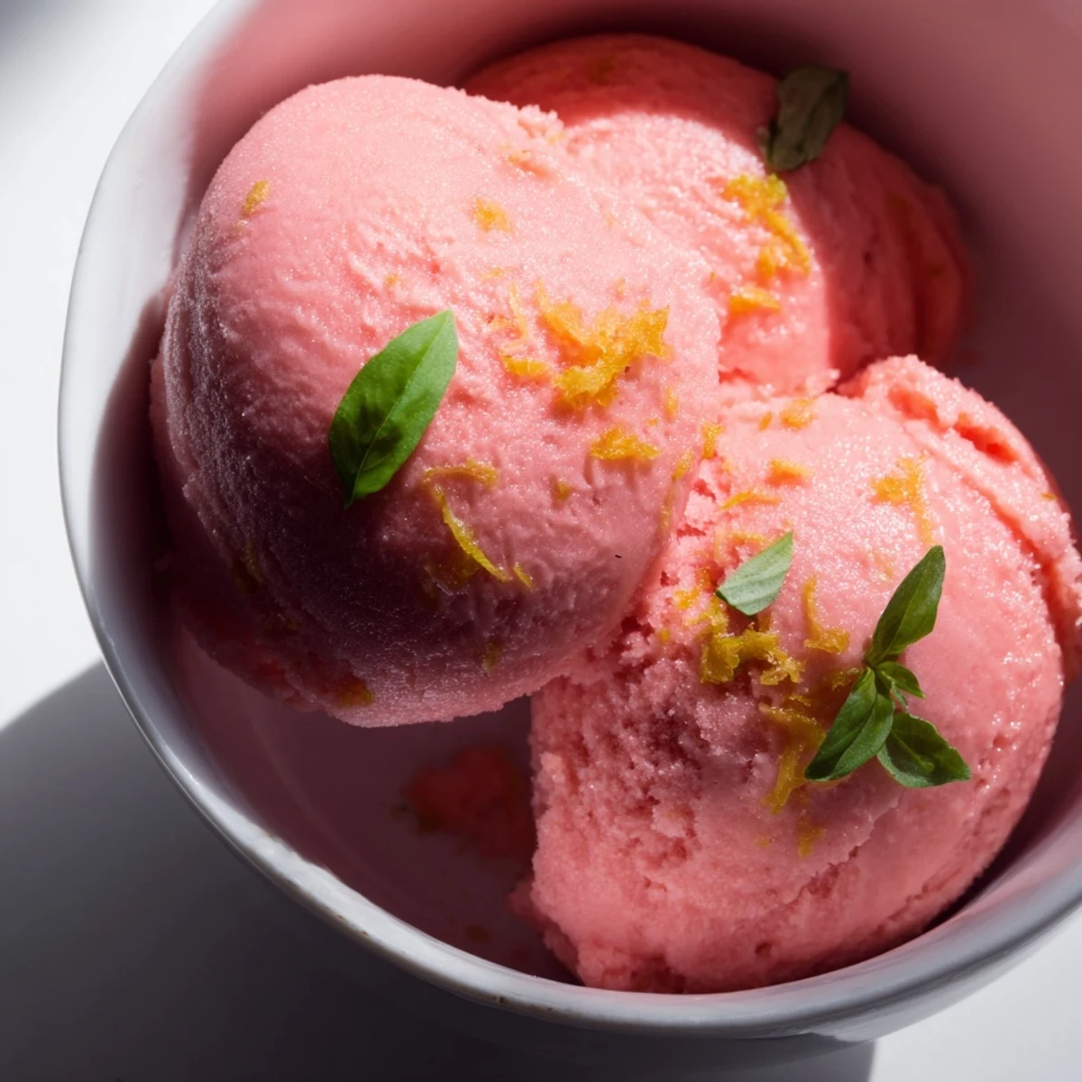 Pink Grapefruit Sorbet with Basil scooped into a glass bowl, showcasing its smooth, icy texture and pale pink hue.